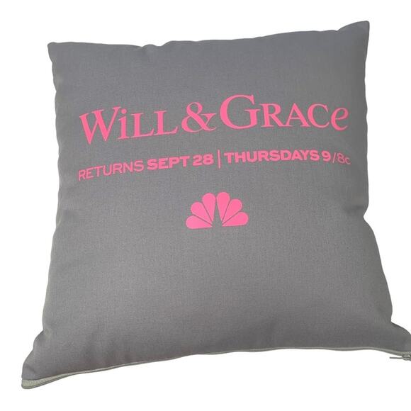 Will & Grace Throw Pillow Decorative NBC Gray Pink Novelty Rare Fan Gift NWOT - Picture 2 of 7